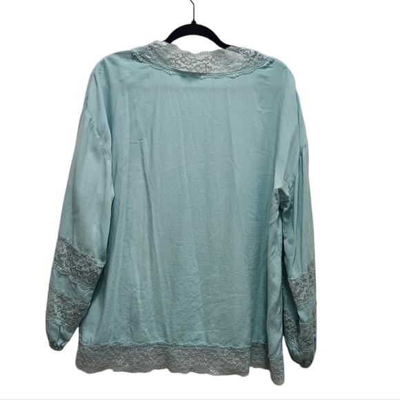 Soft Surroundings Claudia Top Size L Teal Blue Balloon Sleeves V Neck Lace Trim - Picture 2 of 6